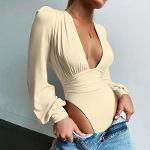S-L Women Sexy Deep V Solid Color Creased Bodysuit
