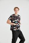 Elastane Medical Blouse, Black with Print, Men - Ambulance Model