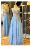 Glitter Lace Covered Maxi Length Evening Dress Ice Blue