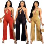 Women Cross Halter Lace-Up Pit Strip Slit Jumpsuit