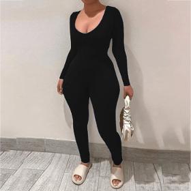 Plus Size Women Solid Color Slim Fit V-Neck Jumpsuit