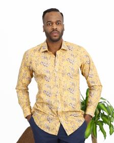 Light Yellow Floral Patterned Pocketless Slim Fit Long Sleev