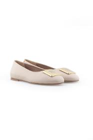 Beige Genuine Leather Women's Ballerina Shoes with Gold Buckle