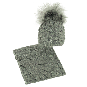 Hat infinity scarf winter gloves for women grey with a pompom