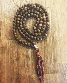 108 Tiger Eye and Silver Buddhist Mala Necklace