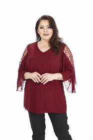 Plus Size Claret Red Shoulder Tulle Detailed Chiffon Blouse