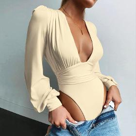 S-L Women Sexy Deep V Solid Color Creased Bodysuit