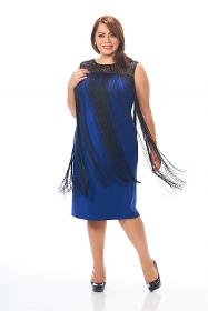 Plus Size Sax Colored Tasseled Crepe Dress
