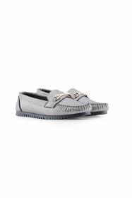Gray women's loafer shoes with accessories