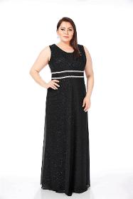 Plus Size Black Color Lycra Glittery Sleeveless Long Evening Dress
