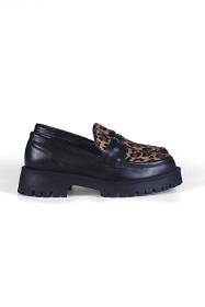 Black Genuine Leather Comfort Loafer Shoes with Leopard Detail