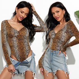S-XL Women Sexy V-Neck Long Sleeve Leopard Print Bodysuits