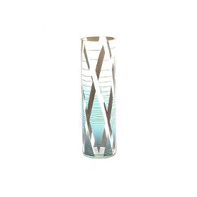 Blue rhombus decorated glass vase | Glass vase for flowers | Cylinder Vase