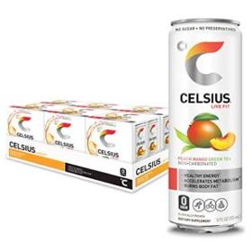 CELSIUS Peach Mango Green Tea Non-Carbonated Fitness Drink, Zero Sugar, 12oz