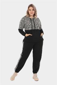 Large Size Black Colored Leopard Patterned Hoodie Tracksuit Set