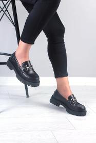 Black Genuine Leather High Sole Loafer Women's Shoes