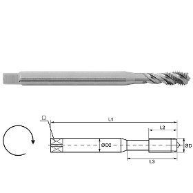 MACHINE Tap Form C, spiral flutes, 35°, Overlengthed L=100, Metric