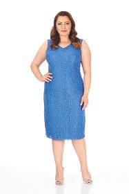 Plus Size Blue Color Lycra Lace Sleeveless Dress