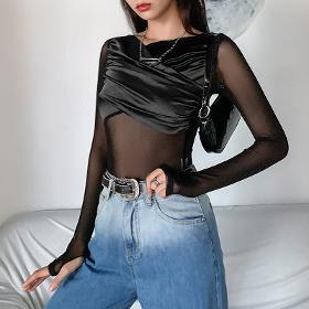 S-L Women Sexy Mesh See-Through Pacthwork Long Sleeve Bodysuit