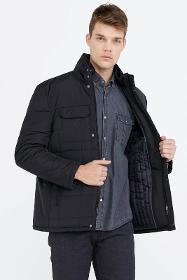 Men stand up collar double pocket coat - black