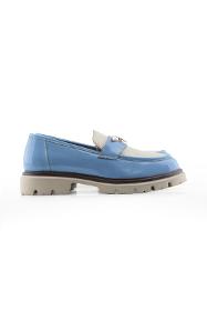 Blue genuine leather women's loafer shoes with two-tone accessories