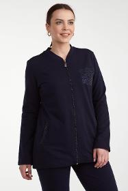 Large size zippered stone detailed women tracksuit set - navy blue