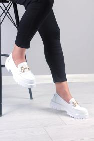 White Genuine Leather High Sole Loafer Women's Shoes