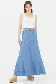 Pieced denim skirt with straw belt at waist - ace blue