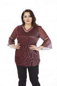 Plus Size Claret Red Color Lycra Glittery V-neck Evening Blouse