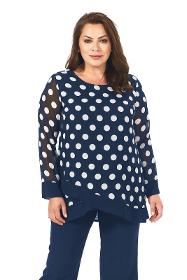 Large Size Navy Blue Color Polka Dot Chiffon Tunic