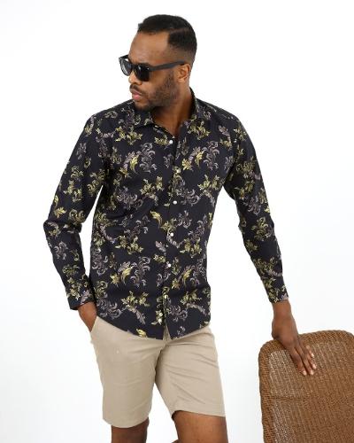 Leaf Patterned Cotton Black Shirt Without Pocket Long Sleeve