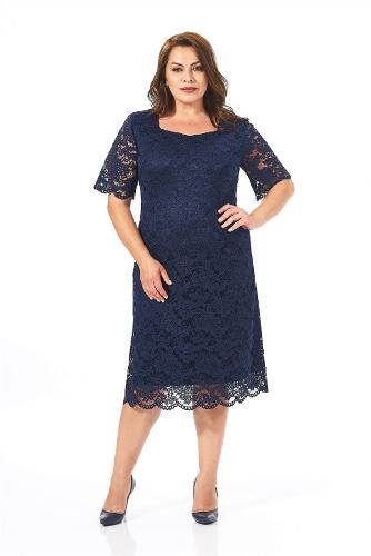 Large Size Square Neckline Navy Blue Colored Lace Dress