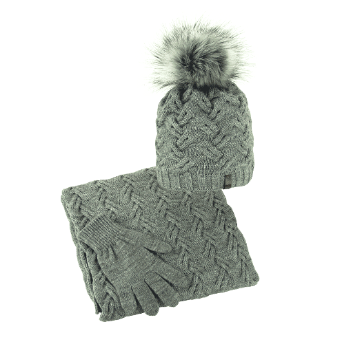 Women's winter set, hat with braids, infinity scarf gloves, gray