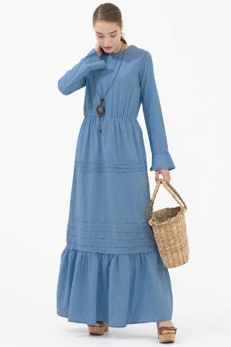 Necklace detailed long jean dress - blue