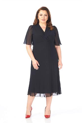 Plus Size Black Colored Pleated Neck Short Chiffon Dress