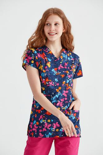 Elastane Medical Blouse, Bluemarine with Print, Women - Butterfly Model