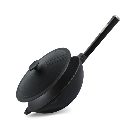 Cast iron WOK pan 2,8 l with wooden Black handle and cast irons lid