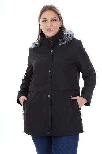 Plus Size Black Color Hooded Hairy Bonding Coat