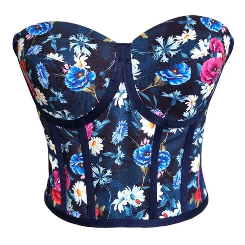 Navy Blue Floral Patterned Tie-Up Corset Bustier