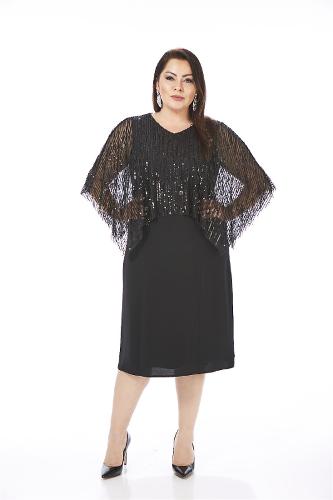 Plus Size Black Color Tasseled Sequined Short Crepe Evening Dress With Cape
