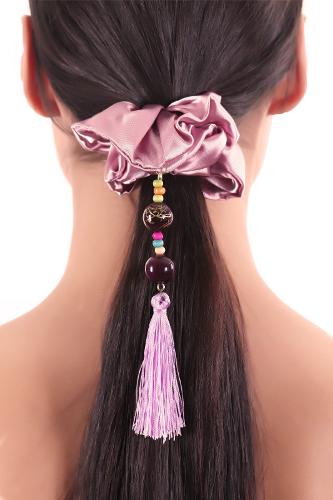 Women's Beaded Tassel Detailed Dusty Rose Scrunchie Buckle