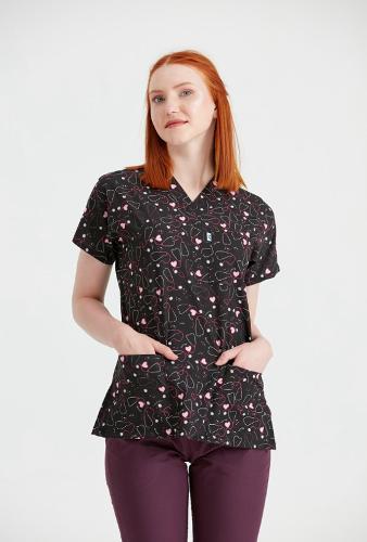 Elastane Medical Blouse, Black with Print, Women - Pink Stethoscope Model