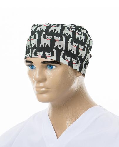 Unisex Black Medical Cap, White Cats Print