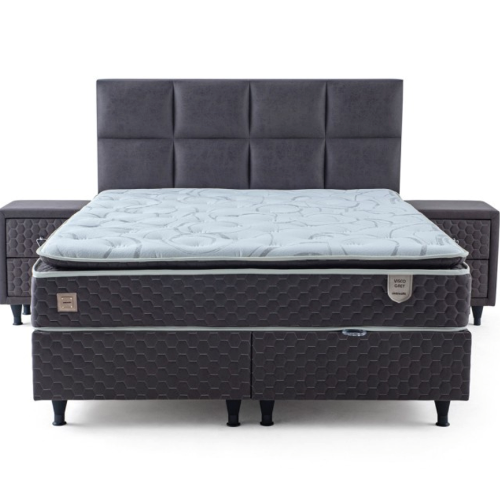 Moln Visco Grey Boxspring Bed Set with Mattress and Bed Boxes, Bedroom Set