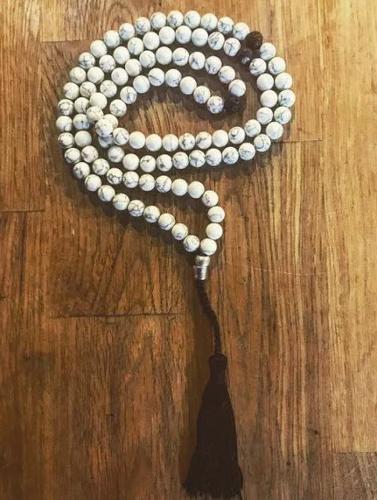 Buddhist Mala Necklace 108 White Howlite and Silver