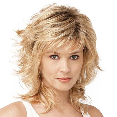 Women Curly Medium Length Blond Hair Wig