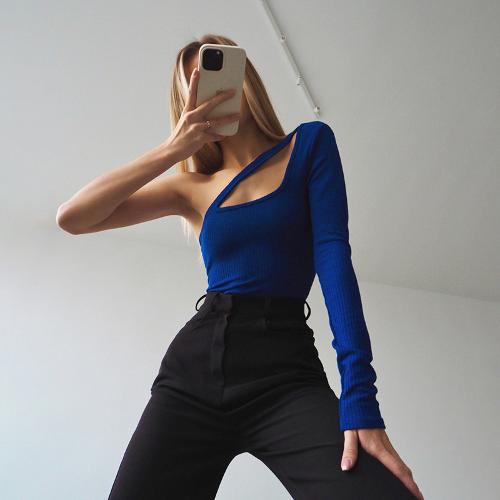 Women Edgy Casual Oblique One Shoulder Cut Out Long Sleeves Bodysuit