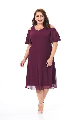 Plus Size Plum Color Shoulder Detailed Chiffon Dress