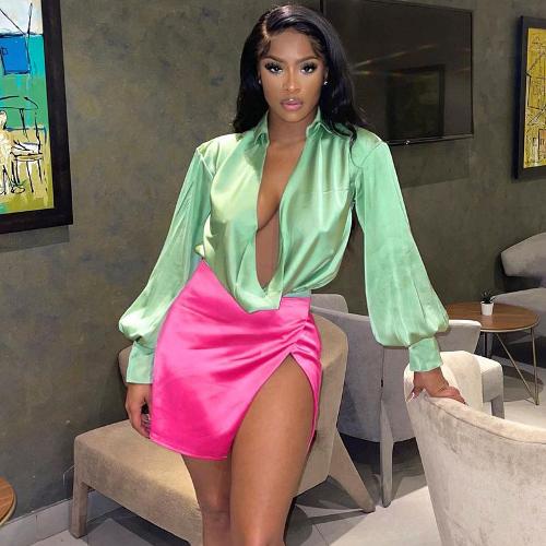 Women Elegant Work Office Sexy V Neck Long-Sleeved Solid Color Satin Bodysuit