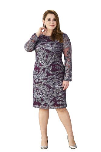 Plus Size Plum Color Griter Print Evening Dress